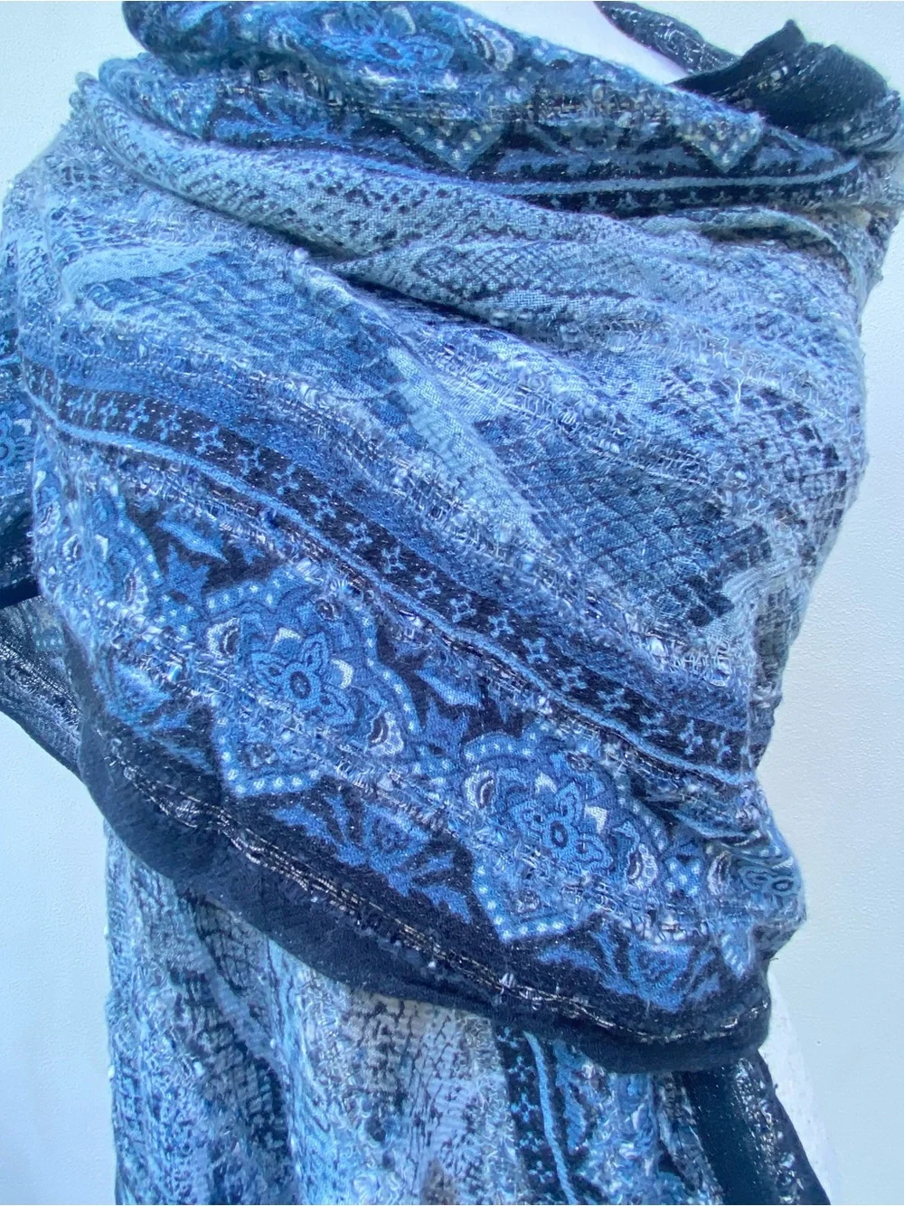 Boho Blue Black Silver Metallic  Pashmina Fringe Scarf